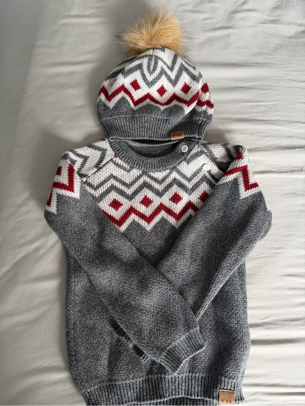 Miles Baby Gray Nordic Pattern Sweater with Red Accents and Matching Hat